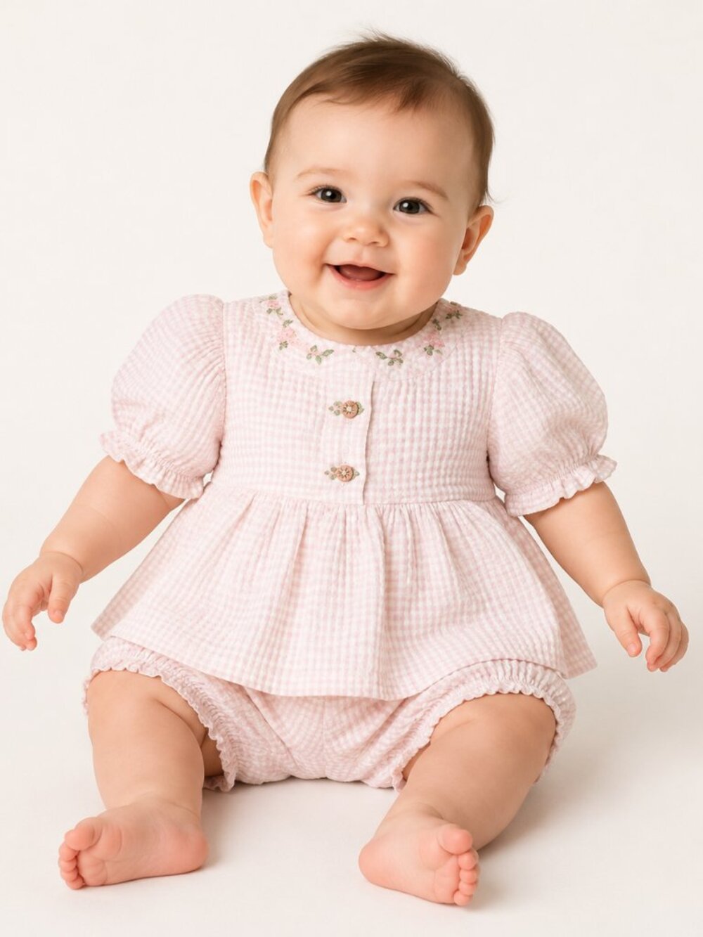 Good Lad Pink Gingham Puff Sleeve Bloomer Romper 3-6 Months